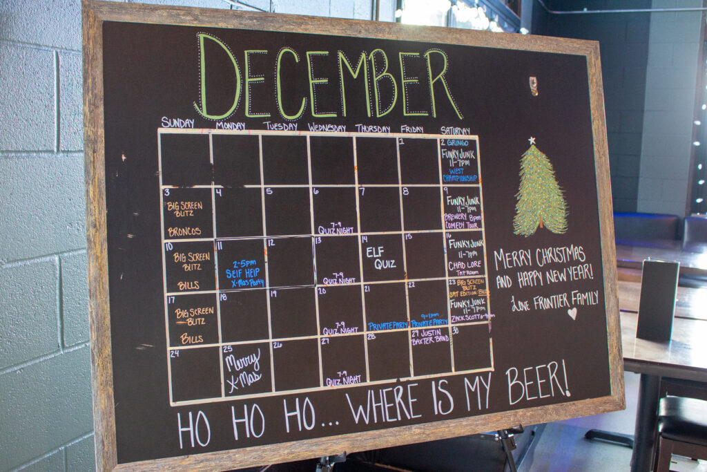 Holiday events calendar at downtown brewery, Frontier Brewing, in Casper, Wyoming.