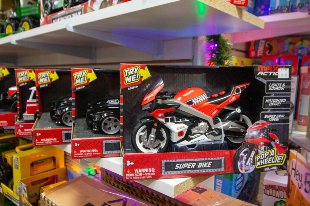 MAXX ACTION toy motorcycles for kids available at a downtown Casper, Wyoming, toy store called Toy Town.
