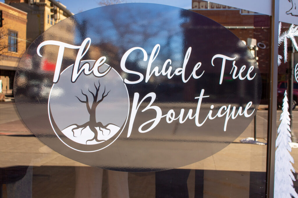 Storefront of The Shade Tree Boutique in downtown Casper, Wyoming, in Casper's central business hub, the Atrium Plaza.